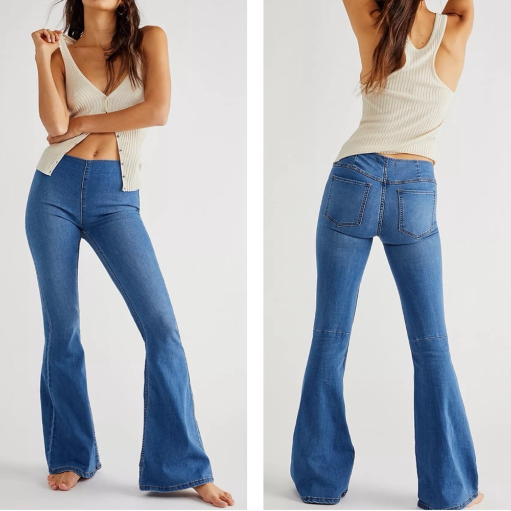 Free People We The Free Penny Pull On Medium Wash Flare Stretch Jeans Size 31